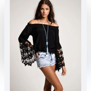 muche & muchette  silk blend one size lace crochet top blouse off shoulder blue